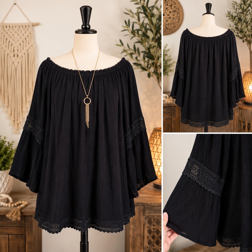 MPH Collection Black Rayon Gauze Crochet Lace Trim Off Shoulder Blouse 3X